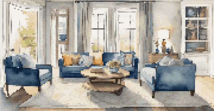 A bright and inviting living room with modern furniture, natural light, and decorative elements.