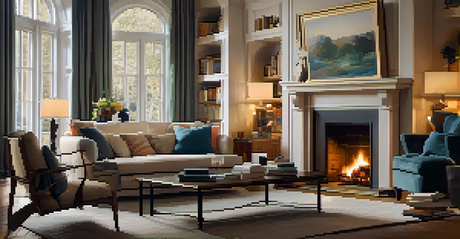 A cozy living room with a plush sofa, a roaring fireplace, and warm lighting creating a relaxing atmosphere.