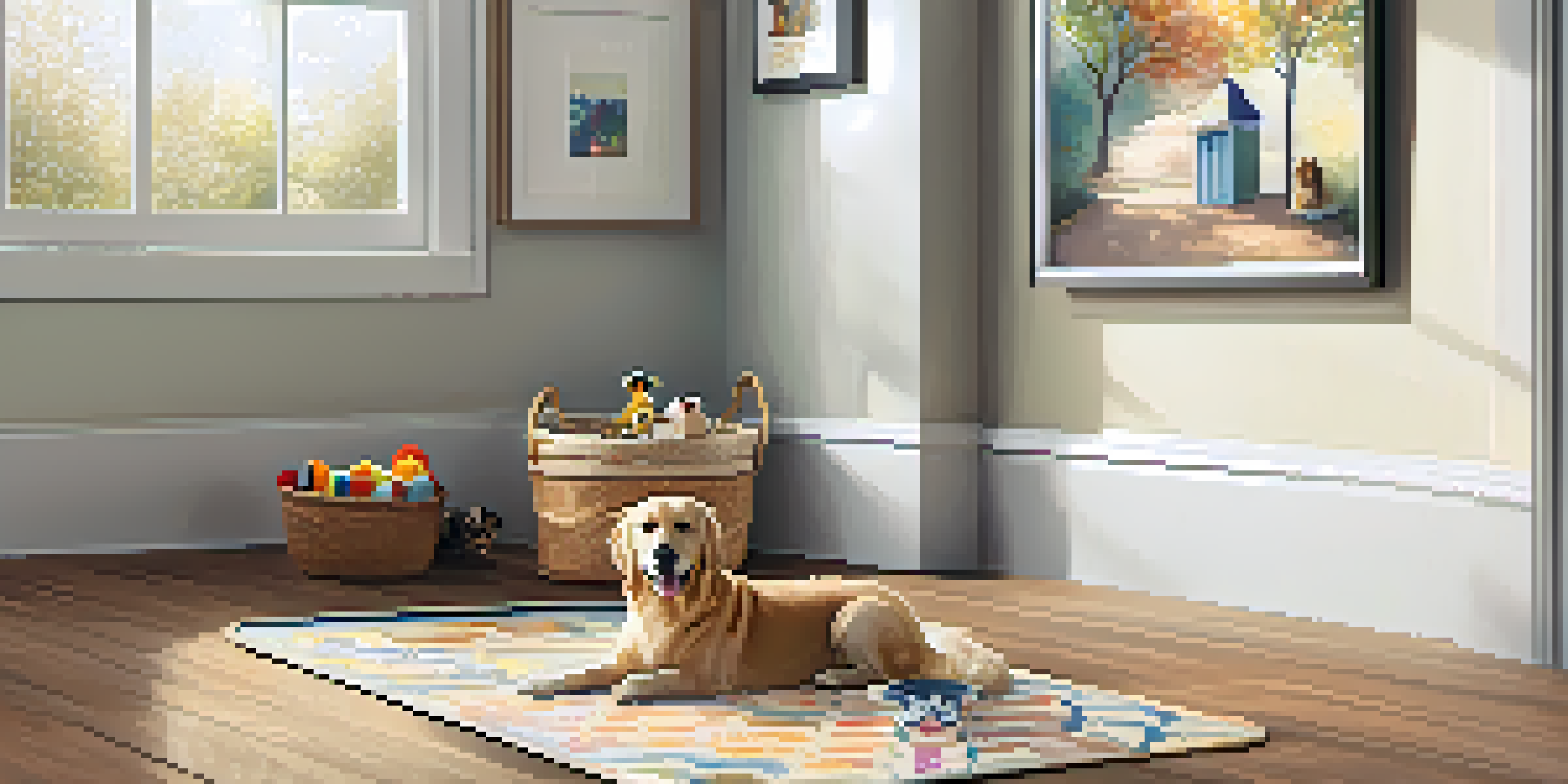 A welcoming entryway designed for pets, showcasing a warm wooden floor, a stylish mat, a basket of toys, and pet-themed decor.
