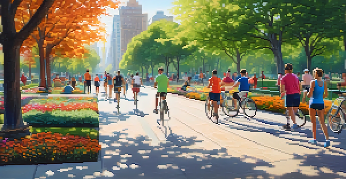 A lively urban park with diverse people exercising and relaxing, surrounded by greenery and a city skyline in the background.