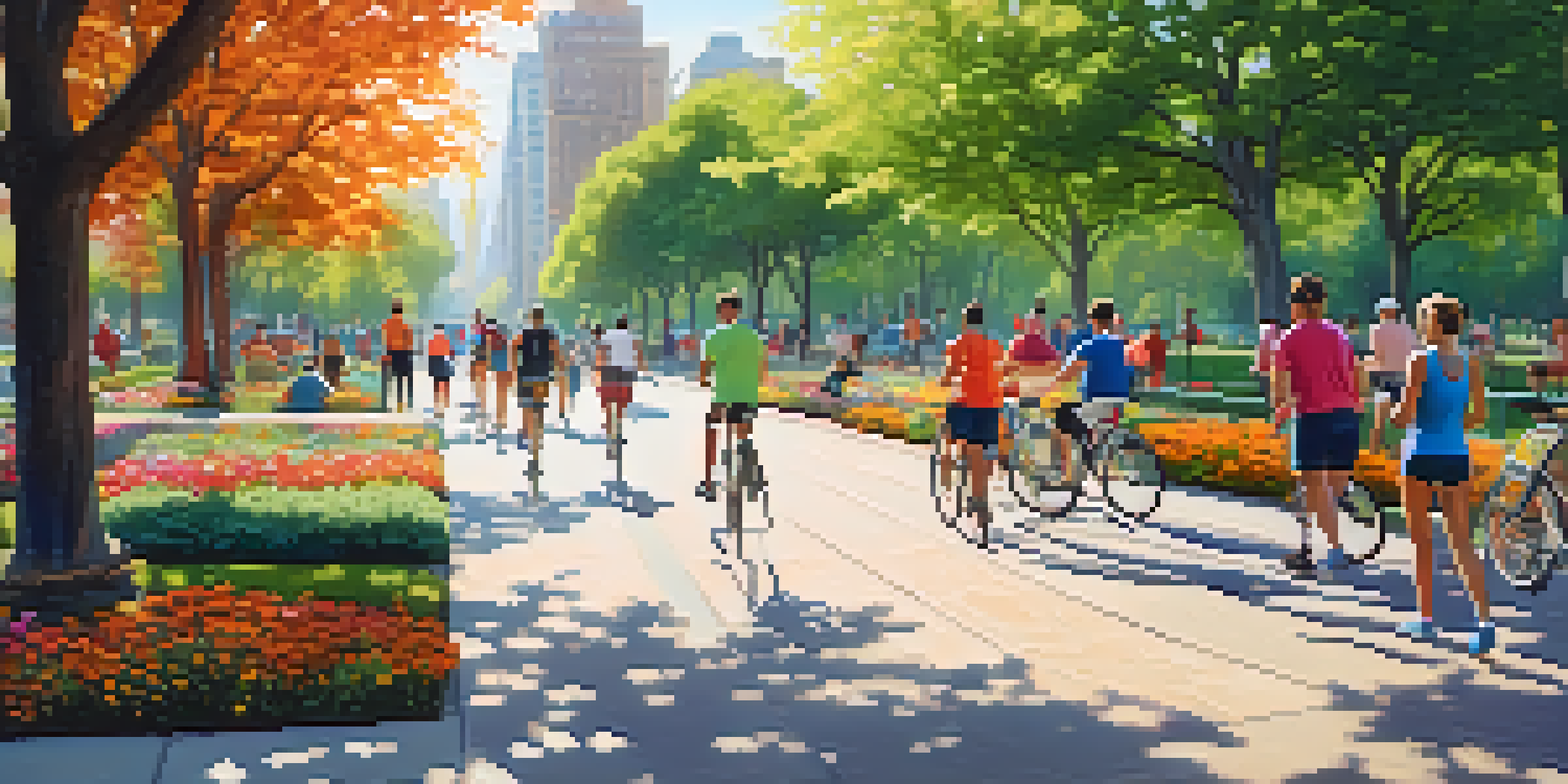 A lively urban park with diverse people exercising and relaxing, surrounded by greenery and a city skyline in the background.