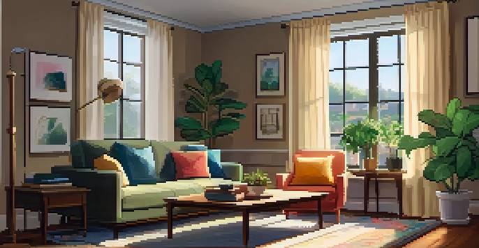 A warm and inviting living room with a sofa, coffee table, and a window letting in sunlight.