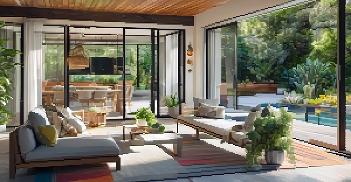 A bright living room that opens to a lush garden through large sliding glass doors, showcasing a cozy interior with cushions and wood elements.