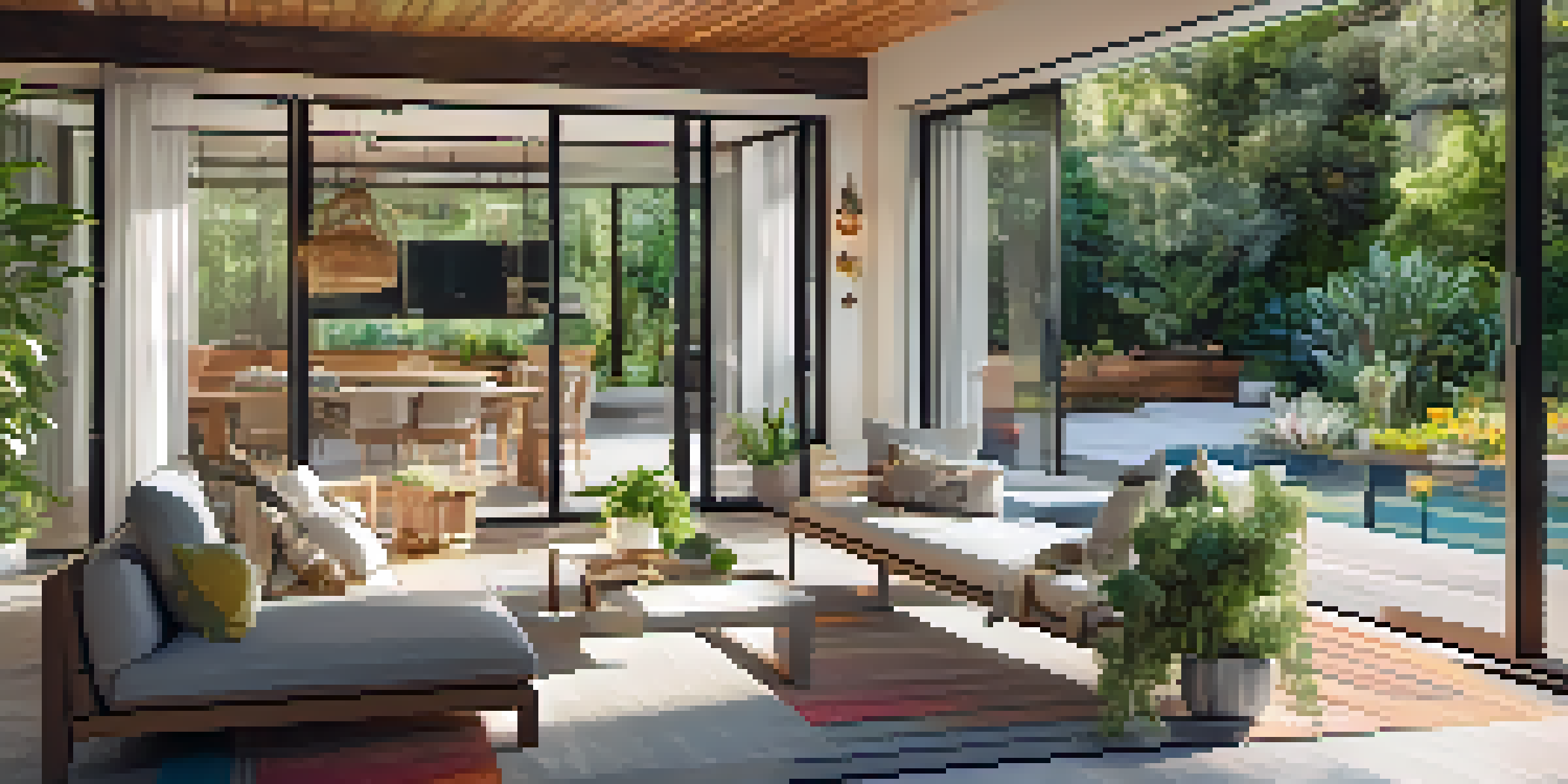 A bright living room that opens to a lush garden through large sliding glass doors, showcasing a cozy interior with cushions and wood elements.