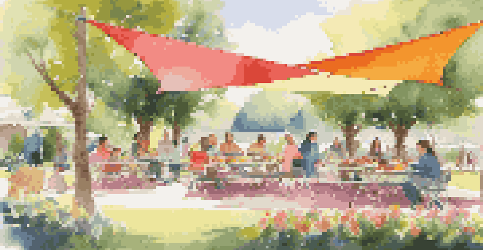 An outdoor picnic area with colorful shade sails above a family enjoying a sunny day.