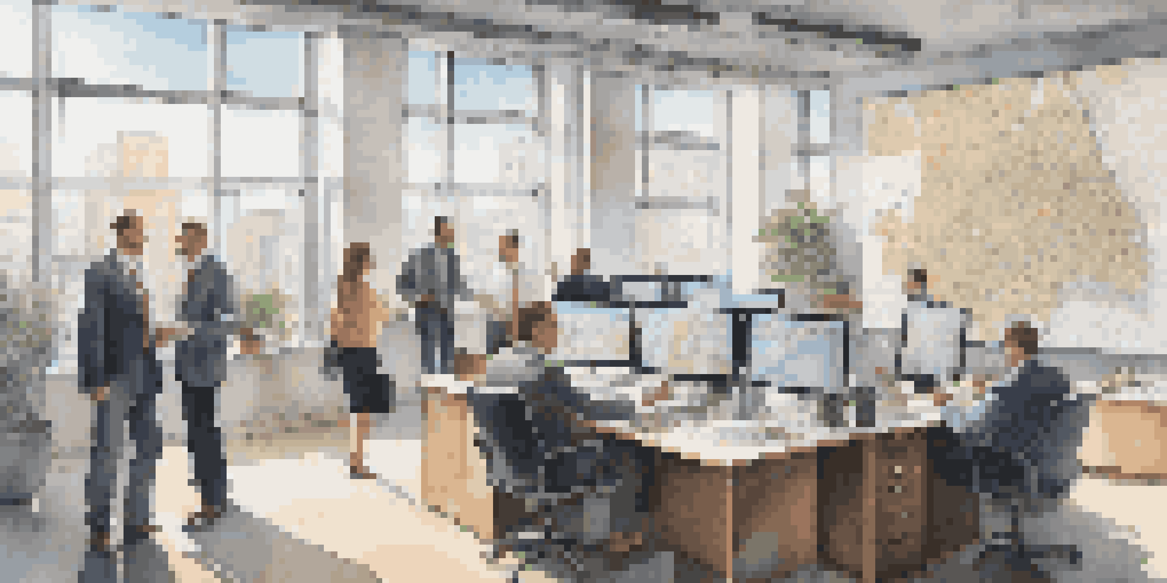 A vibrant real estate office scene with agents collaborating and discussing properties, featuring a bright and modern interior.