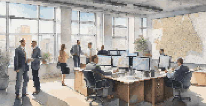 A vibrant real estate office scene with agents collaborating and discussing properties, featuring a bright and modern interior.