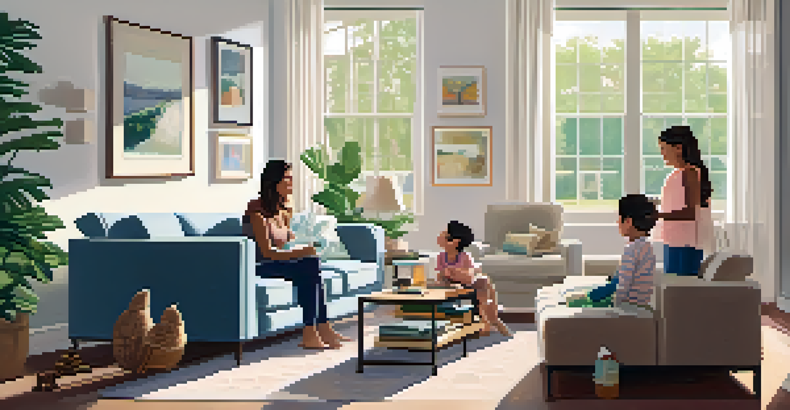 A family in a bright living room with an HVAC unit in the background, emphasizing clean air.