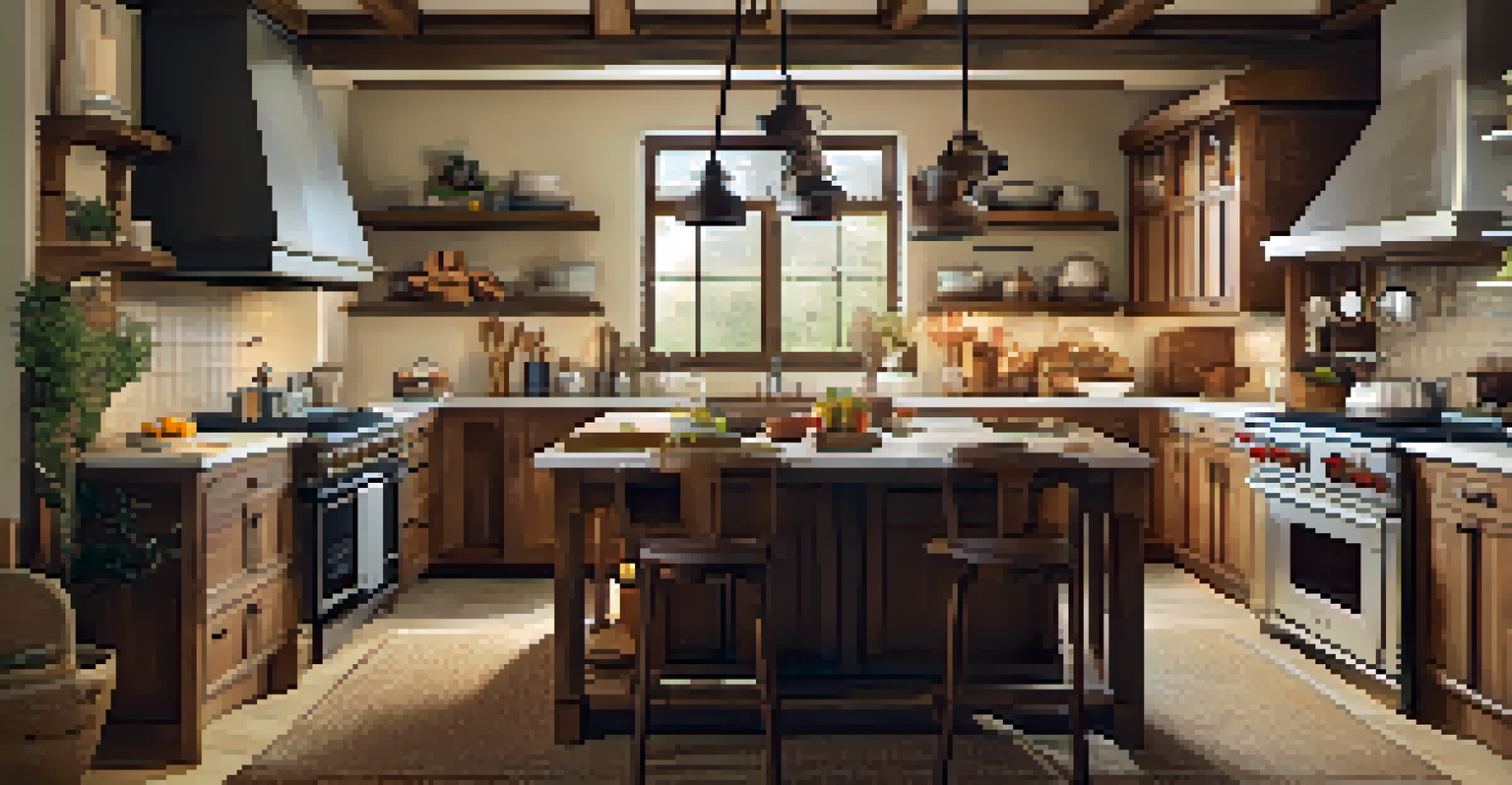 A cozy kitchen with a rustic wooden island, comfortable chairs, and soft lighting, creating an inviting atmosphere.