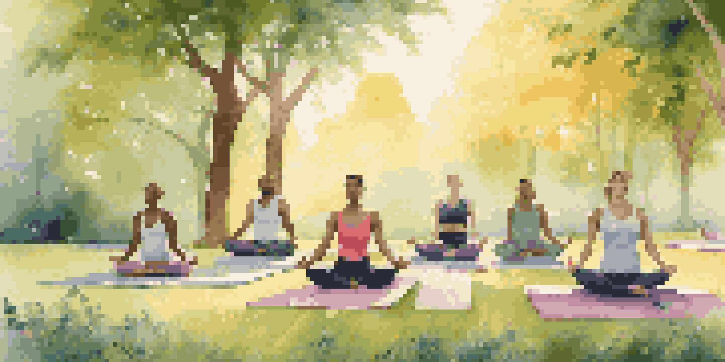 A diverse group of individuals practicing yoga outdoors at sunrise in a lush green park, with tall trees and blooming wildflowers.