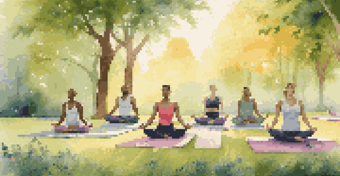 A diverse group of individuals practicing yoga outdoors at sunrise in a lush green park, with tall trees and blooming wildflowers.