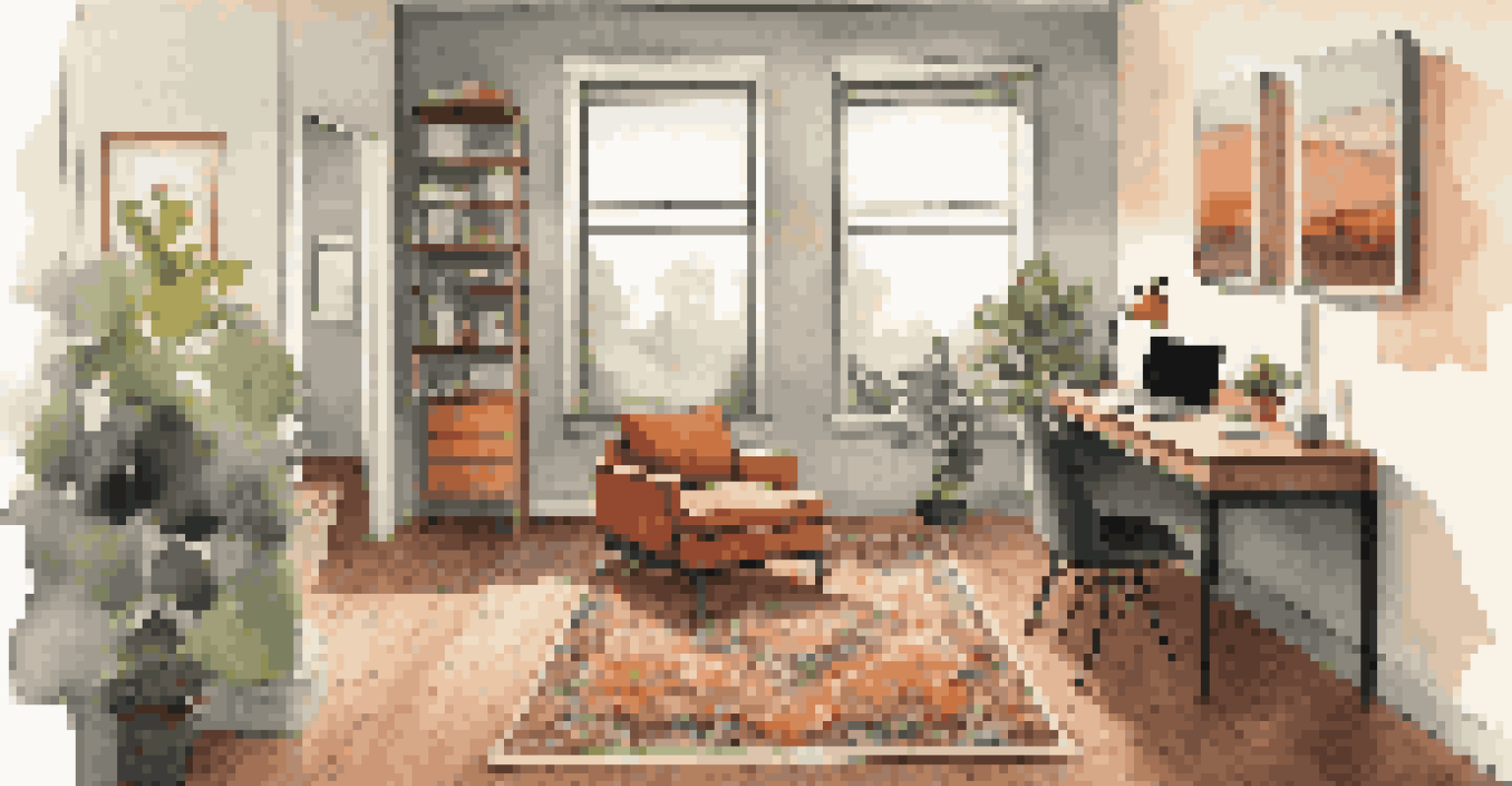 A studio apartment with a defined living and work area, featuring a desk and a cozy reading nook, decorated with warm colors.