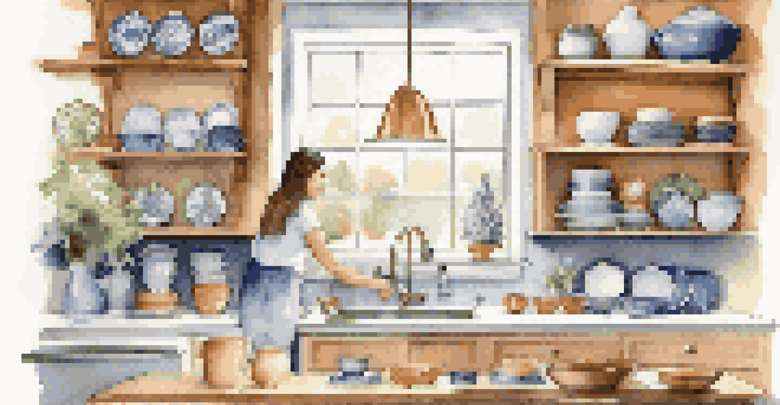 A homeowner adding decorative elements to a renovated kitchen, showcasing colorful dishware and family photos.