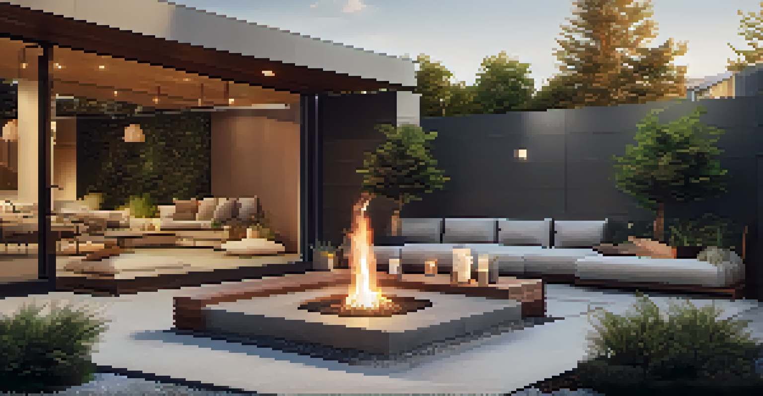 A modern outdoor seating area with wall-mounted lights and a central fire pit, surrounded by greenery and comfortable cushions.