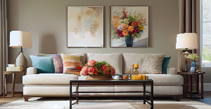 A warm and inviting living room featuring a plush sofa, colorful throw pillows, and natural light filtering through a large window.