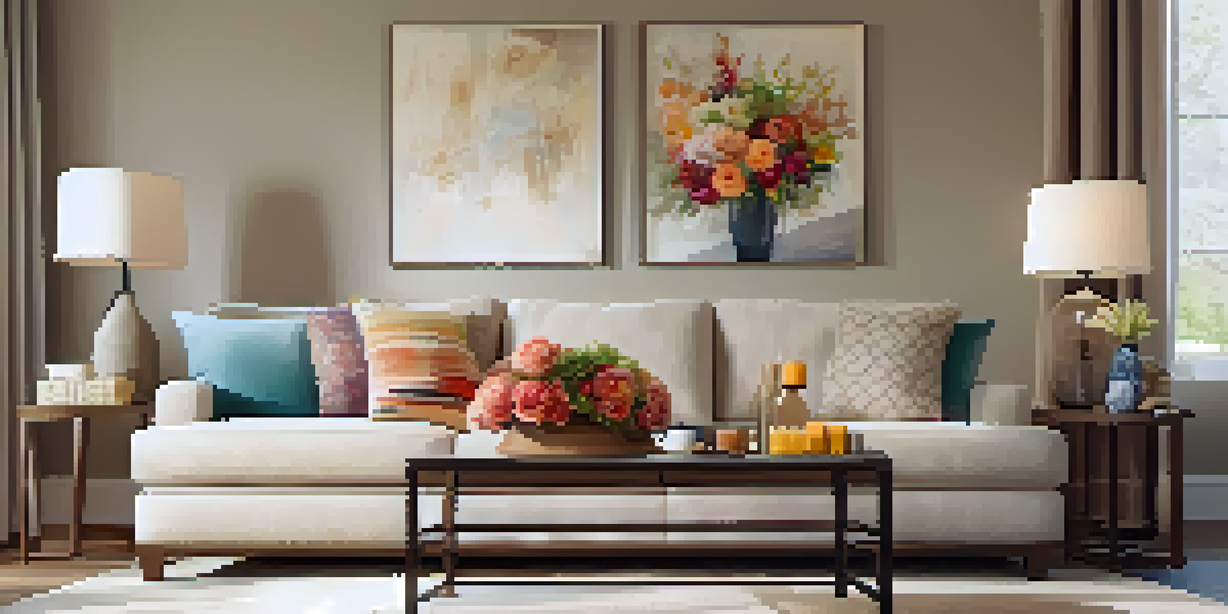 A warm and inviting living room featuring a plush sofa, colorful throw pillows, and natural light filtering through a large window.