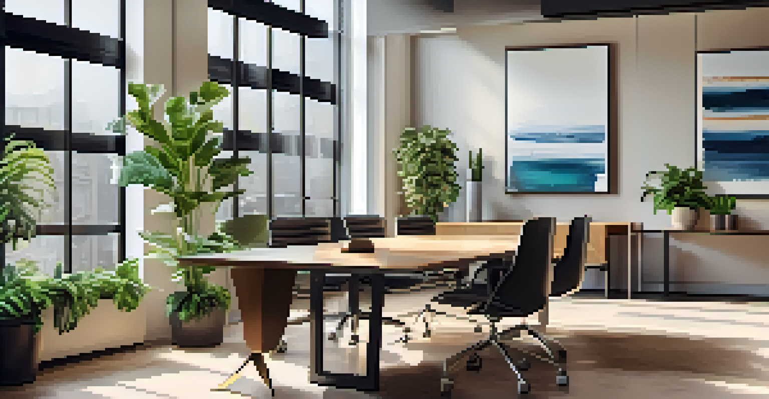 A modern real estate office with large windows, stylish furniture, and a team of professionals working together at a conference table.