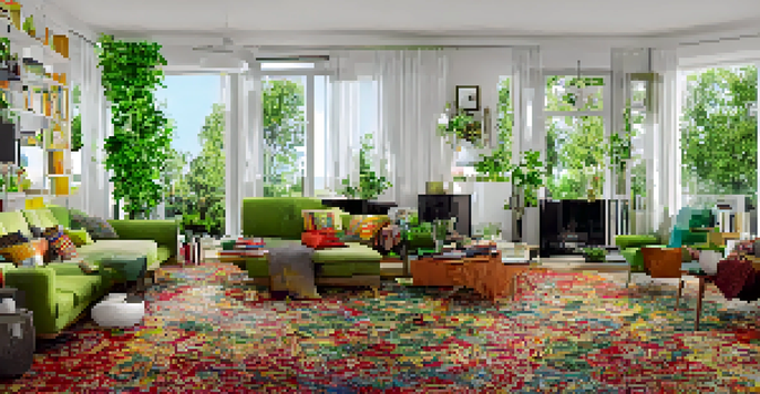 A modern living room filled with natural light, featuring stylish furniture and a view of a garden.