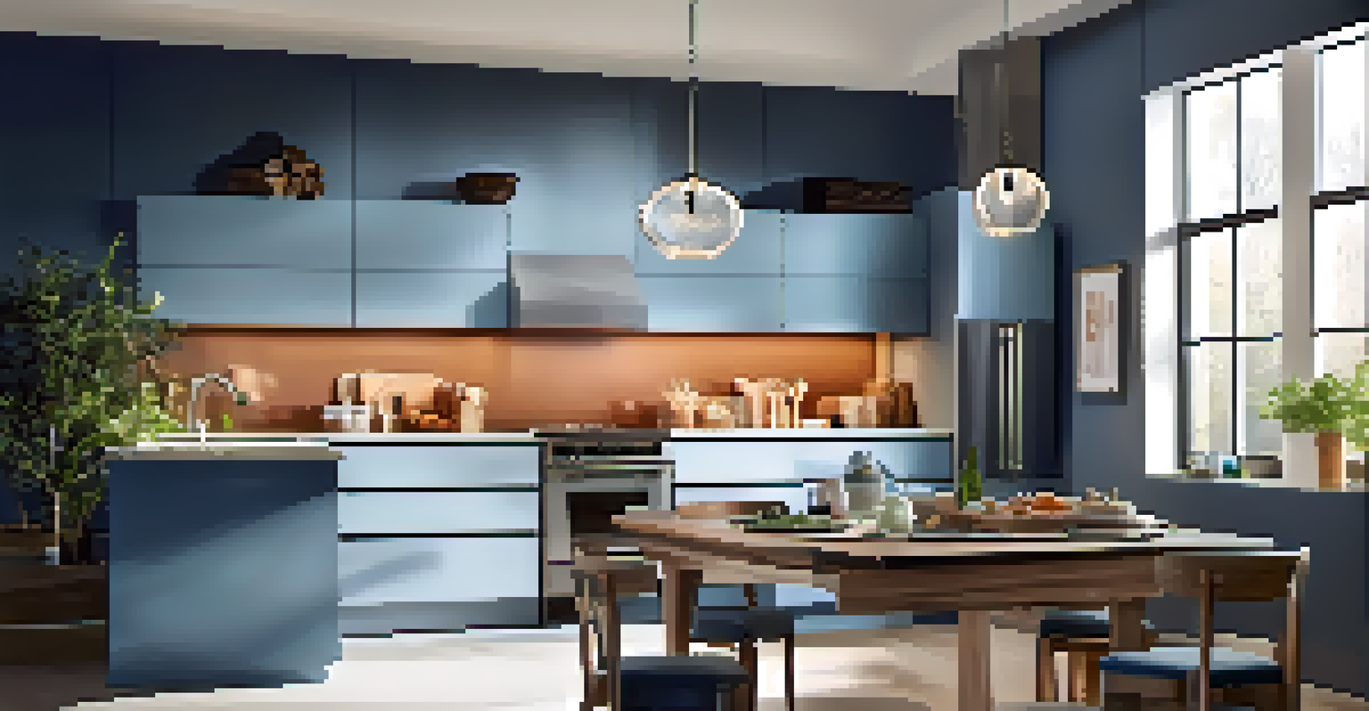 A modern kitchen workspace with layered lighting, bright task lighting on the countertop, and stylish pendant lights above the island.