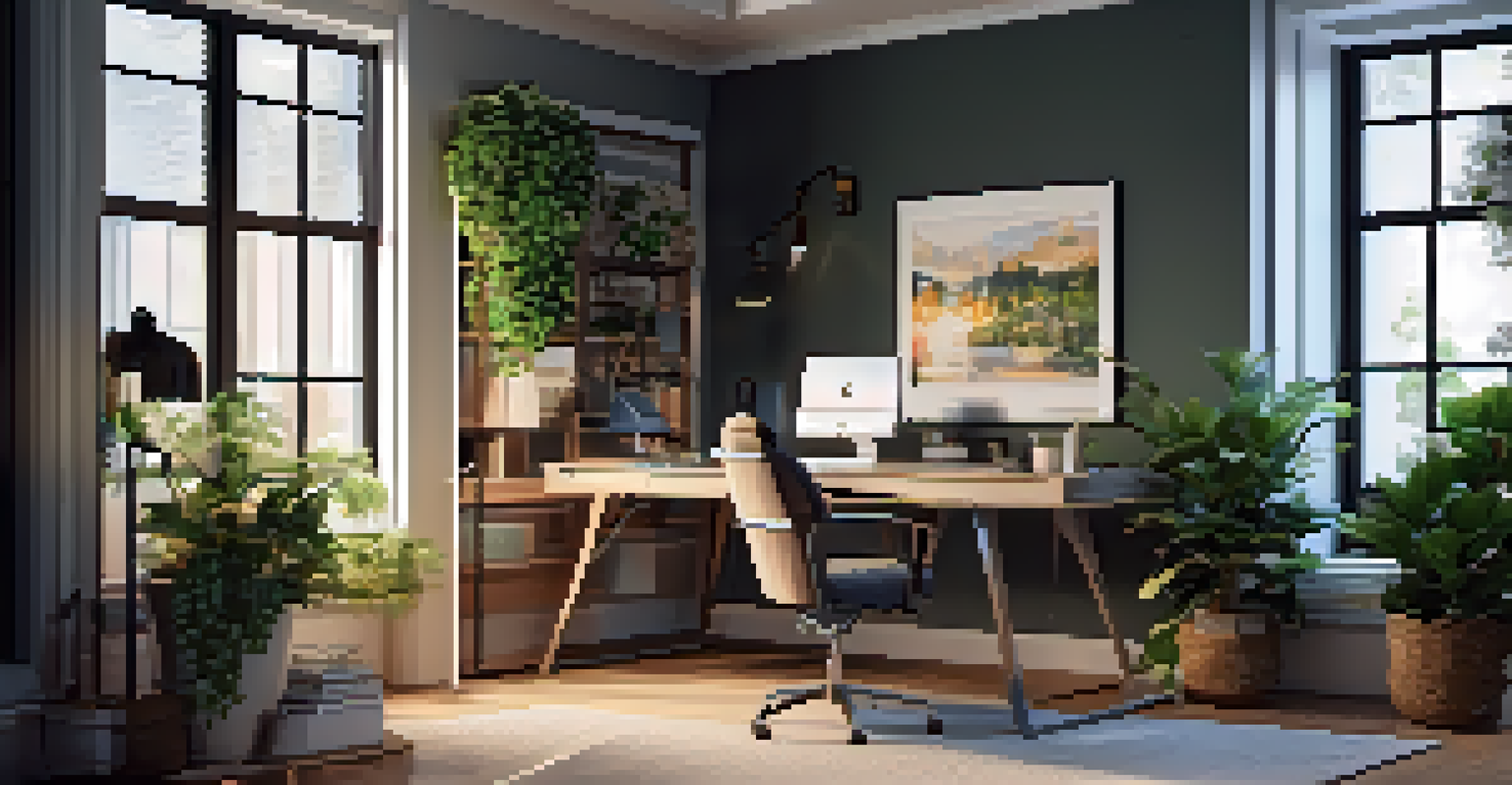 A stylish home office showcasing adjustable smart lighting and a large desk facing a window, designed for productivity.