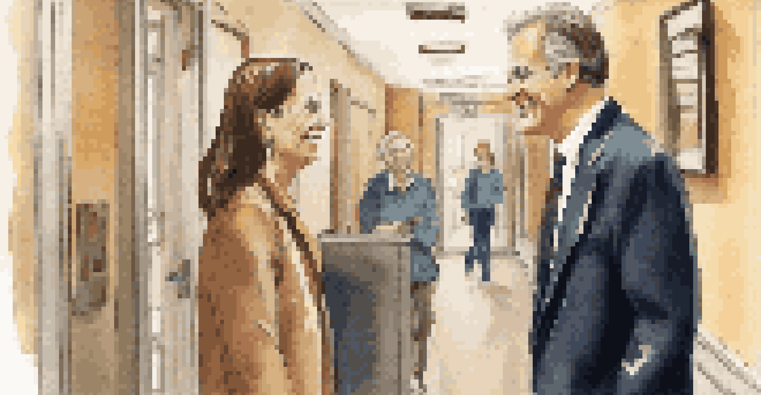 A landlord and tenant discussing in a hallway, both looking engaged and friendly.