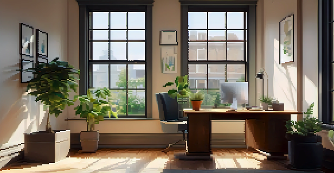 A bright and organized office space with a view of a sunny day outside, featuring a desk with a laptop, notepad, and coffee cup.
