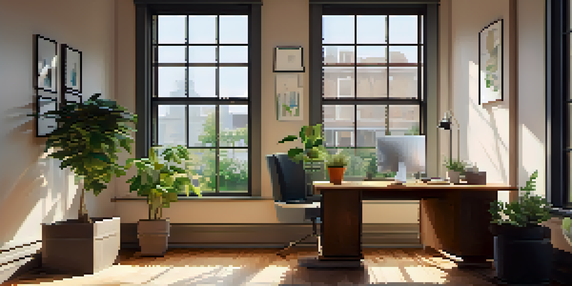 A bright and organized office space with a view of a sunny day outside, featuring a desk with a laptop, notepad, and coffee cup.