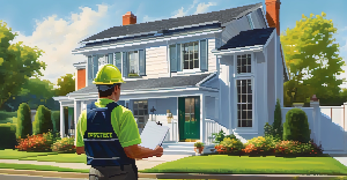 A property inspector in a safety vest checks the exterior of a house under a clear blue sky, holding a notepad and inspecting the roof.