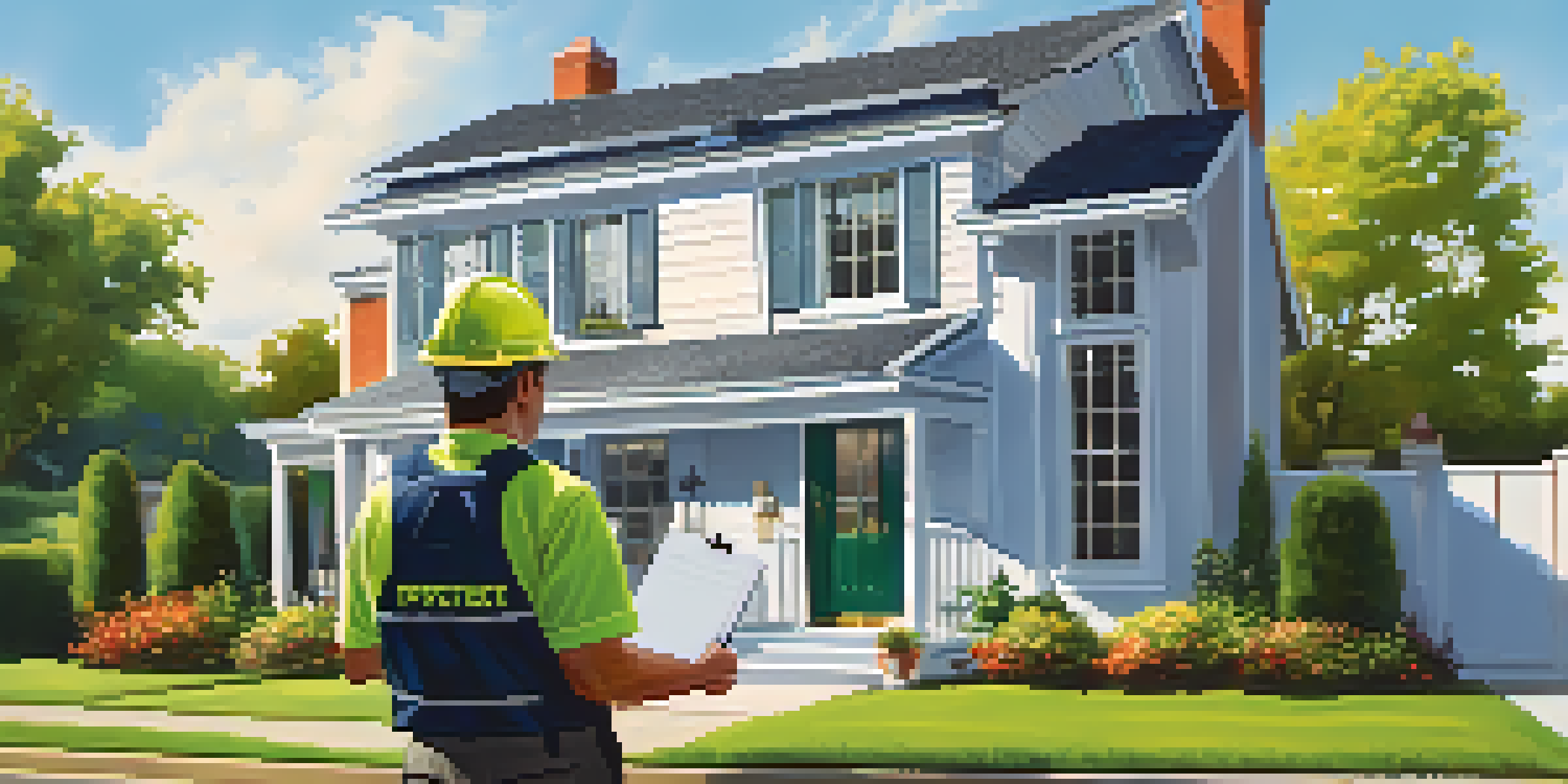 A property inspector in a safety vest checks the exterior of a house under a clear blue sky, holding a notepad and inspecting the roof.