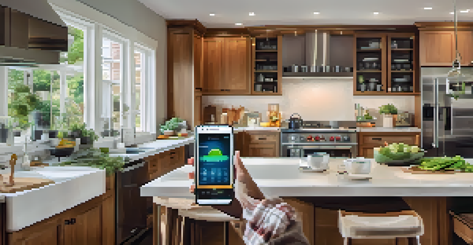 A close-up of a smartphone showing energy usage data and alerts from a smart home app, with a cozy kitchen in the background.