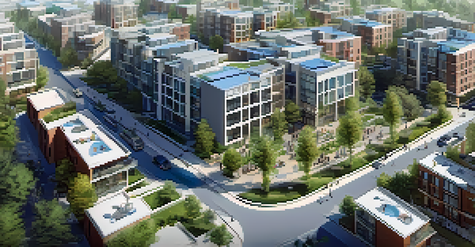 An aerial view of a mixed-use development featuring residential, commercial, and recreational spaces, with parks and people enjoying the outdoors.