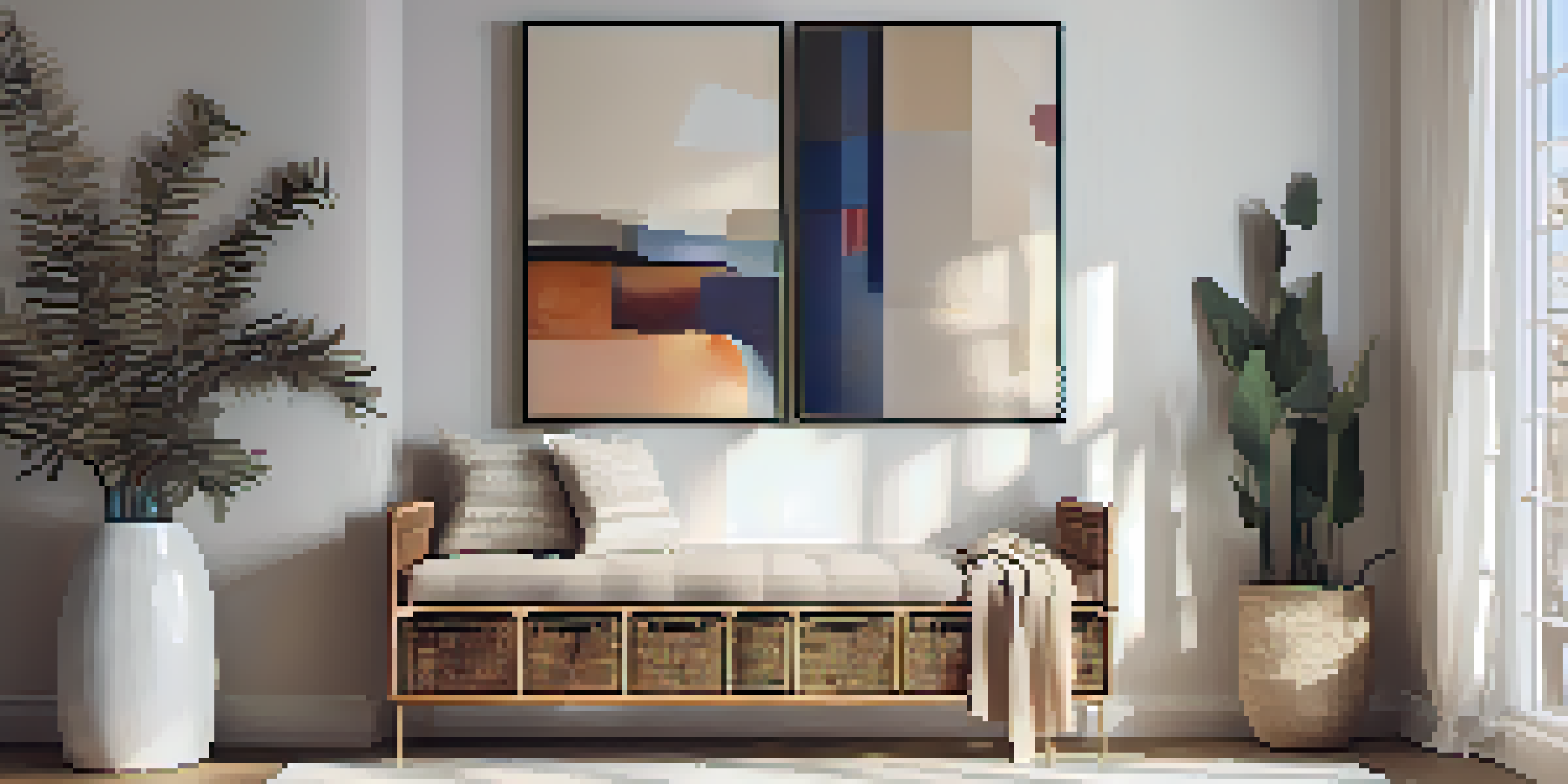 A warm and inviting entryway with a large abstract painting, a console table, and natural light coming through a window.