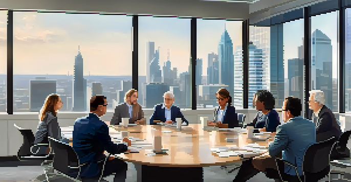 A diverse group of real estate investors discussing property investments in a bright conference room with a city skyline view.