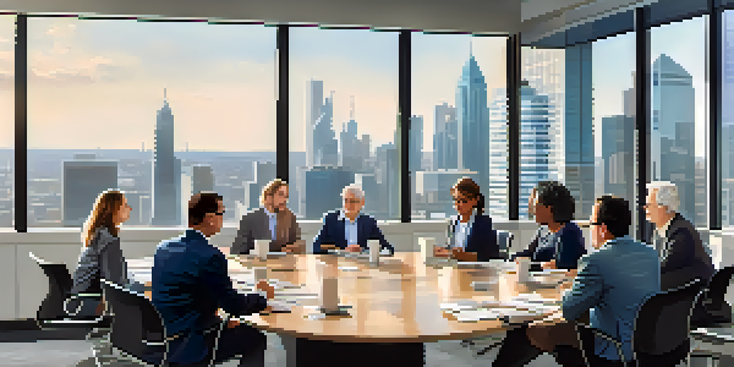 A diverse group of real estate investors discussing property investments in a bright conference room with a city skyline view.