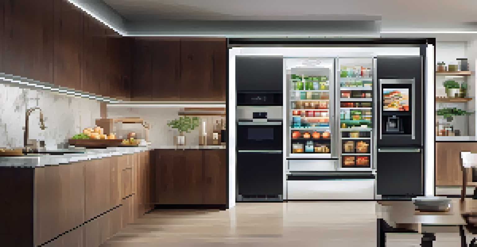 A modern kitchen showcasing a smart refrigerator and appliances, with a bright and clean design.
