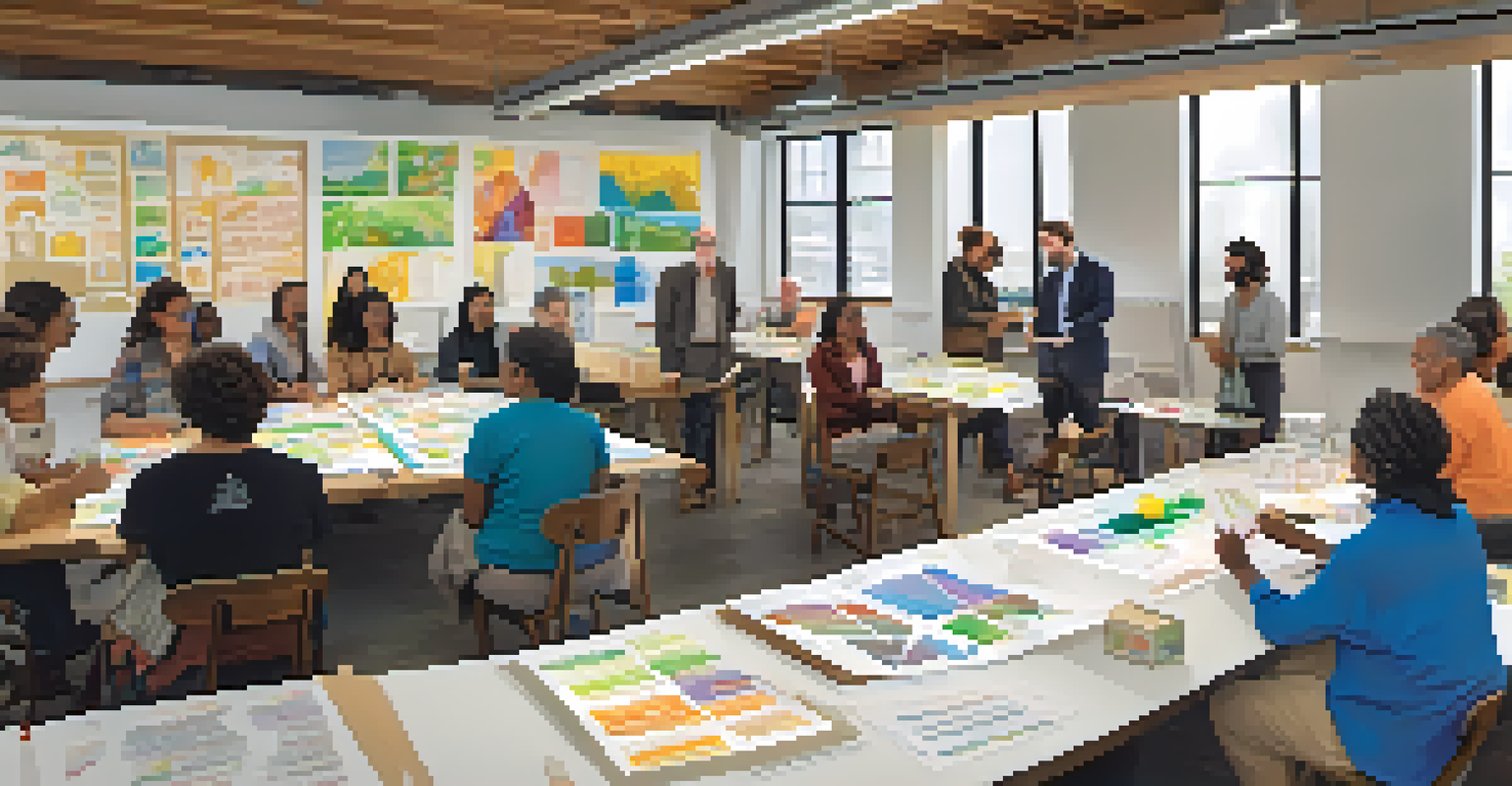 A community workshop with residents discussing sustainable urban planning, surrounded by colorful charts and natural light from a large window.