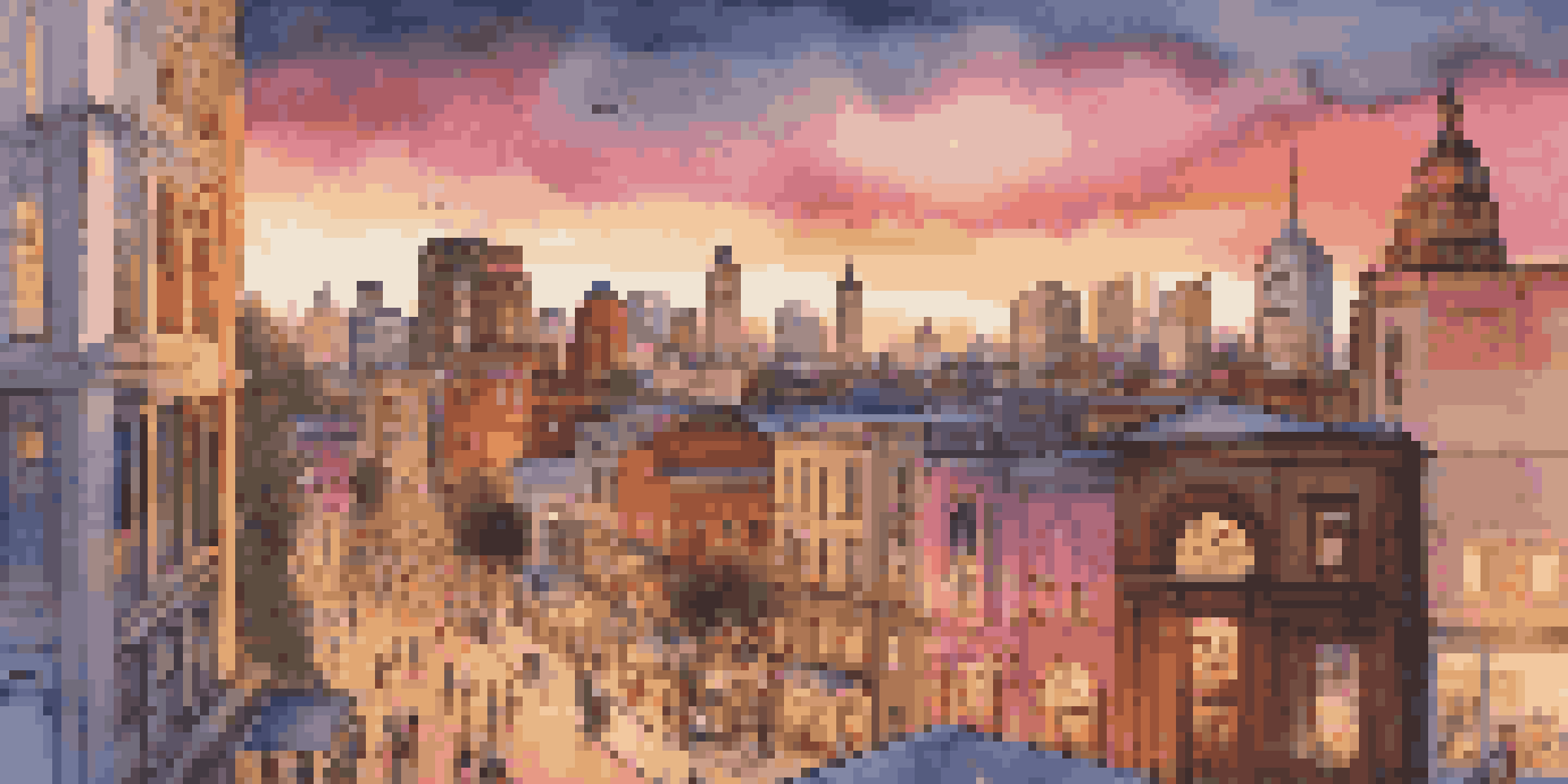 A city skyline at dusk with modern and historical buildings, illuminated by warm lights, and a group of diverse people discussing a real estate crowdfunding platform on a tablet.