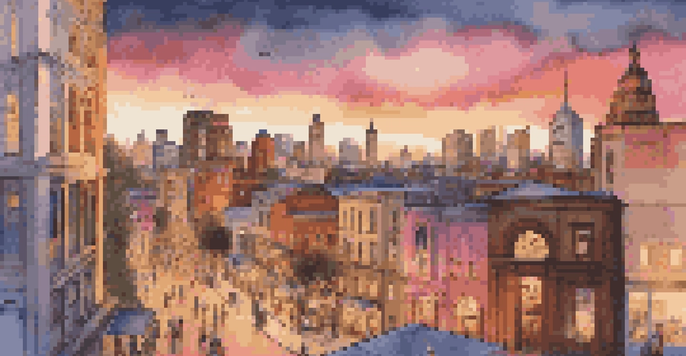 A city skyline at dusk with modern and historical buildings, illuminated by warm lights, and a group of diverse people discussing a real estate crowdfunding platform on a tablet.