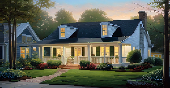A freshly painted house with a landscaped garden and front porch, captured in soft evening light.