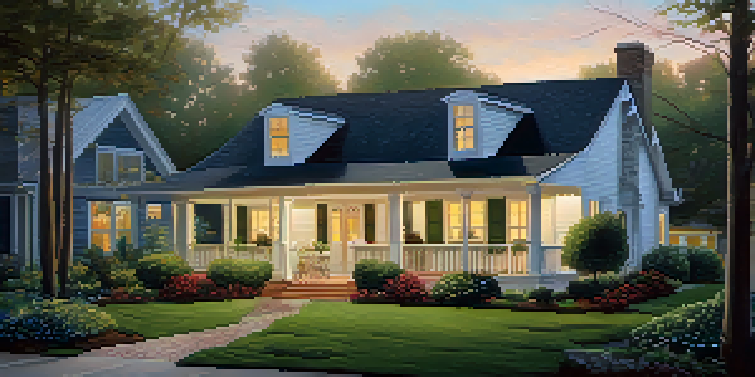 A freshly painted house with a landscaped garden and front porch, captured in soft evening light.