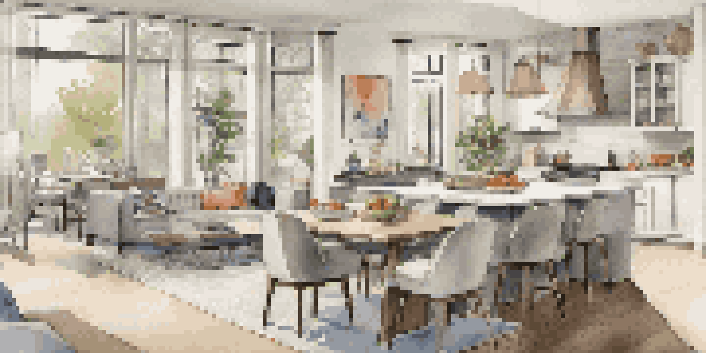 A bright and airy open concept living space with a modern kitchen, dining area, and cozy seating, filled with natural light from large windows.