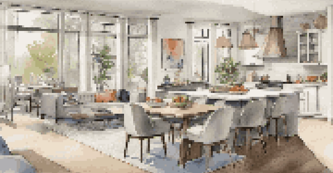 A bright and airy open concept living space with a modern kitchen, dining area, and cozy seating, filled with natural light from large windows.