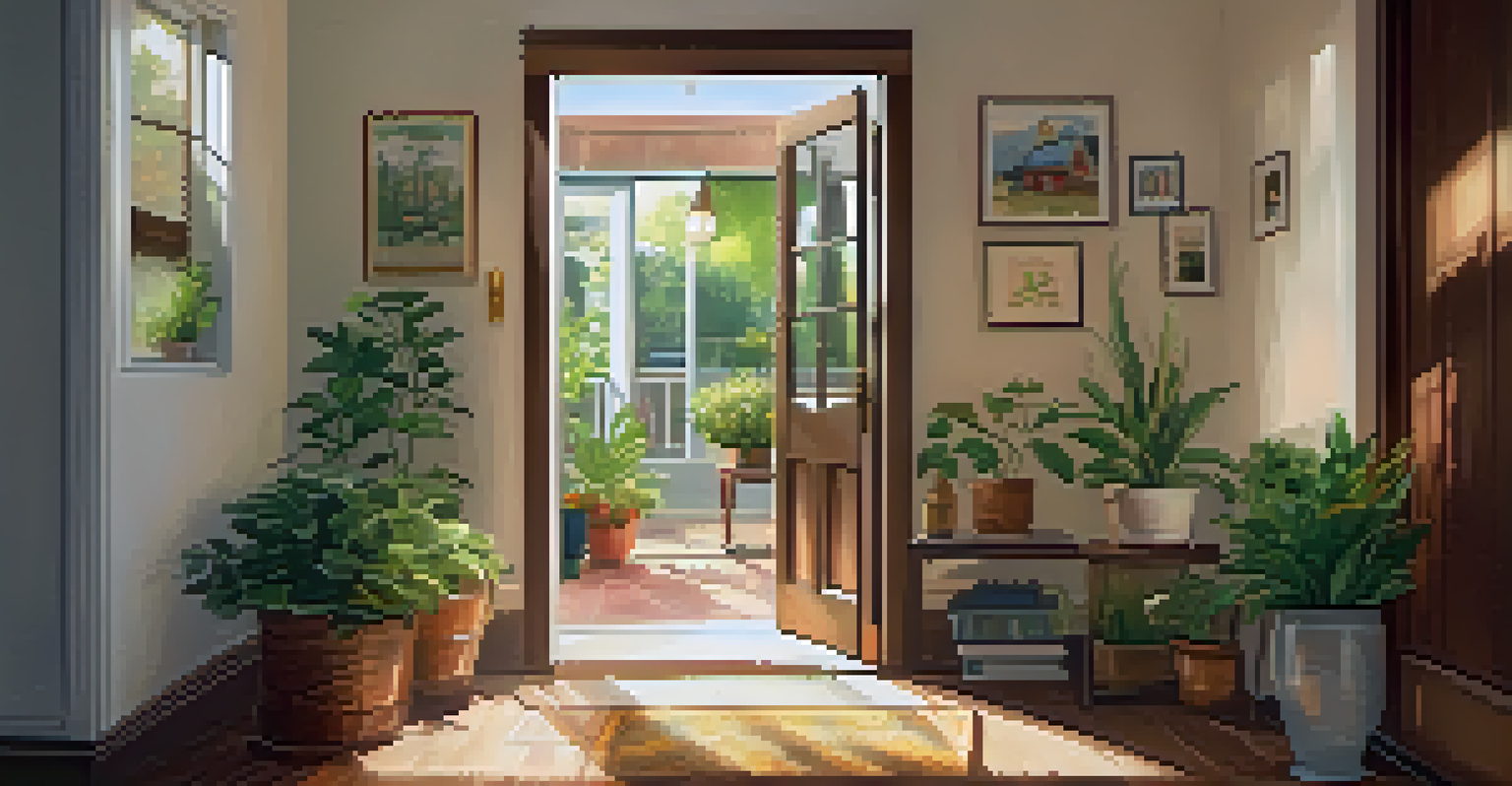 The open door of an apartment showing a cozy interior filled with plants and family photos, illuminated by sunlight, symbolizing a welcoming home.