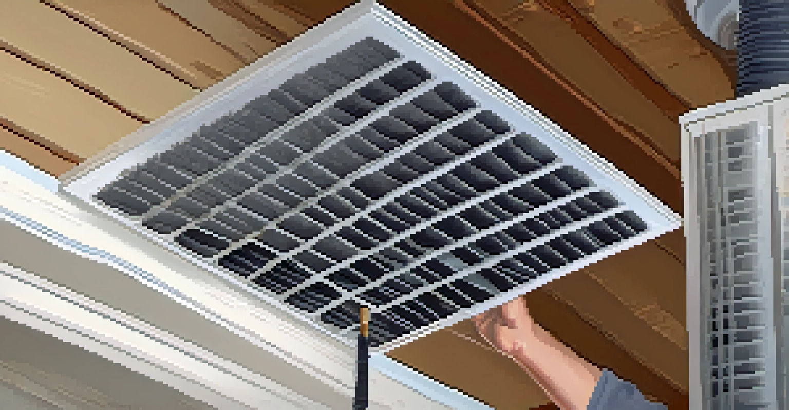 A close-up of a hand removing a dirty air filter from an HVAC system, with tools organized in the background.
