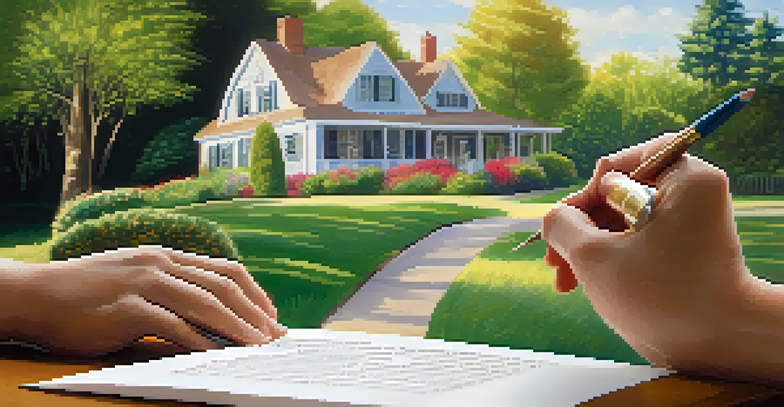 A close-up of hands holding HOA bylaws with a house and garden in the background.
