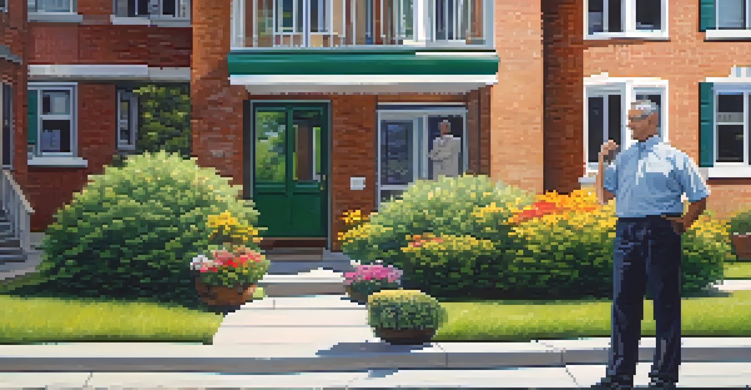 A landlord and tenant conversing amicably in front of an apartment building, showcasing a friendly discussion about rental issues.