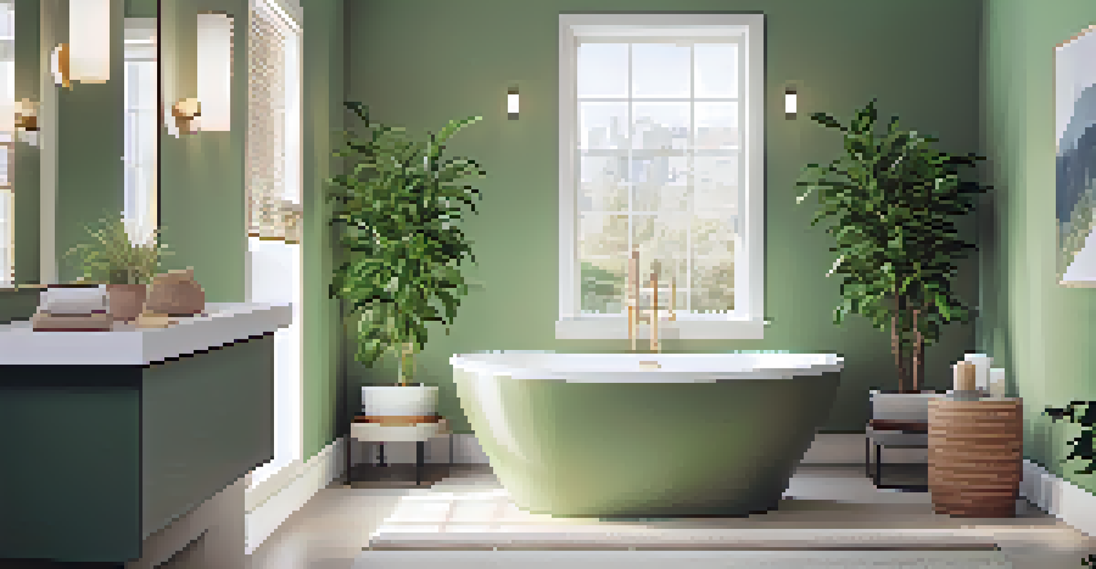 A modern eco-friendly bathroom with a dual-flush toilet, low-VOC paint, and energy-efficient lighting, featuring indoor plants.