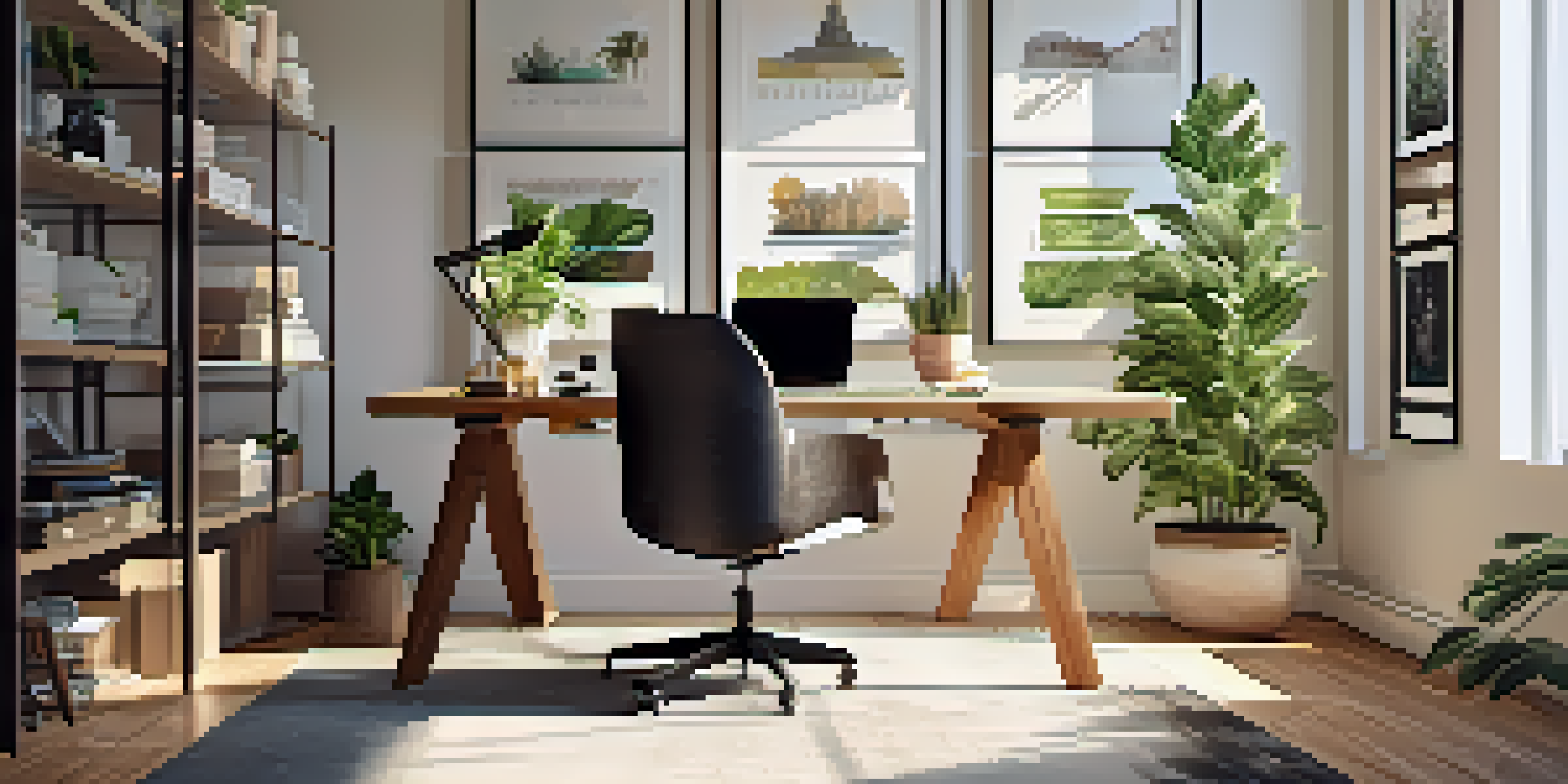 A bright and inviting home office with an ergonomic chair, wooden desk, plants, and natural sunlight coming through a large window.