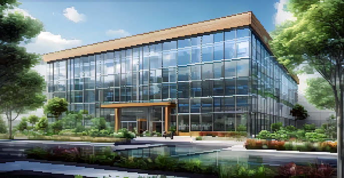 A modern office building showcasing eco-friendly features, surrounded by greenery and with a certification badge.