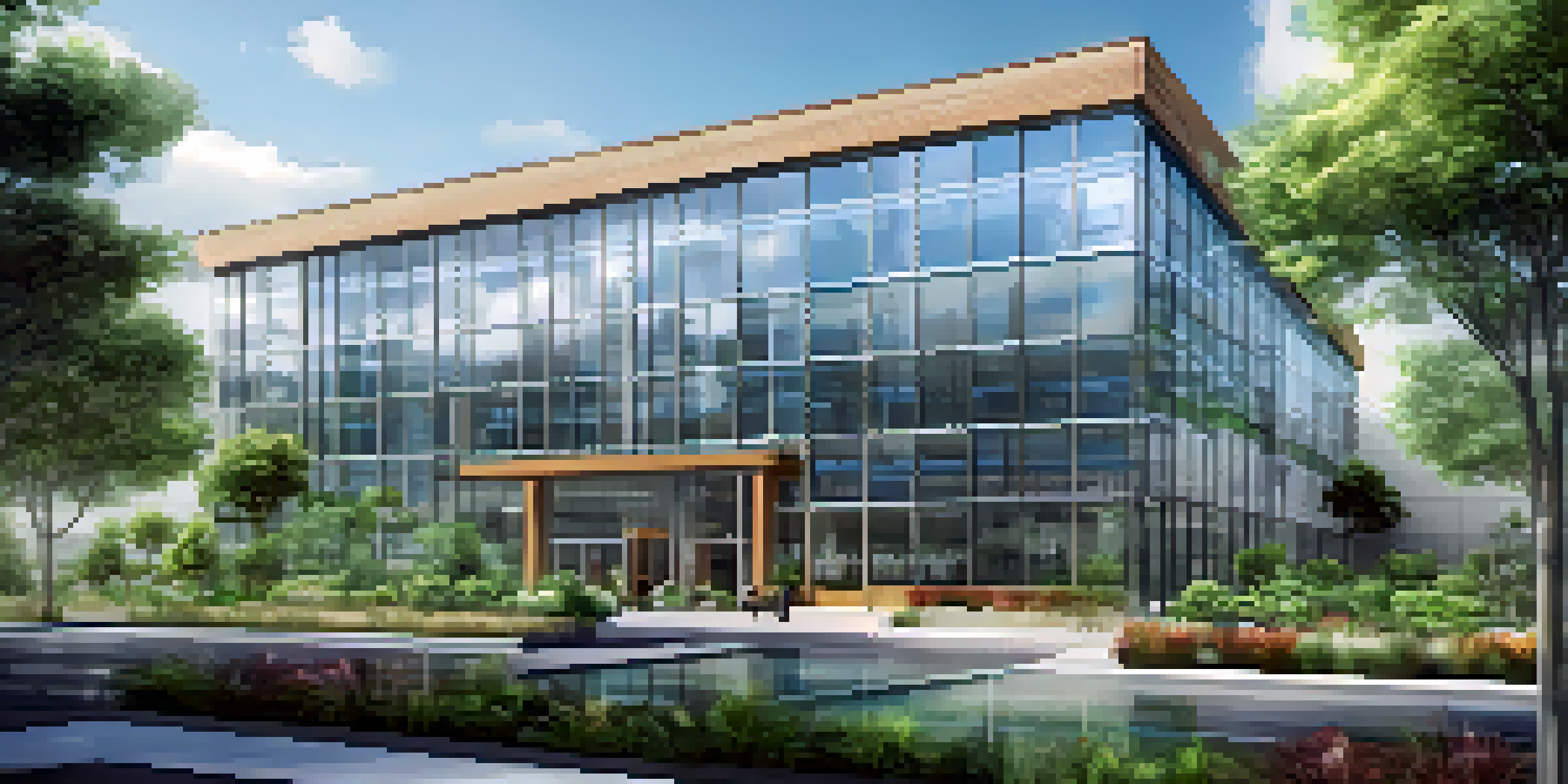 A modern office building showcasing eco-friendly features, surrounded by greenery and with a certification badge.